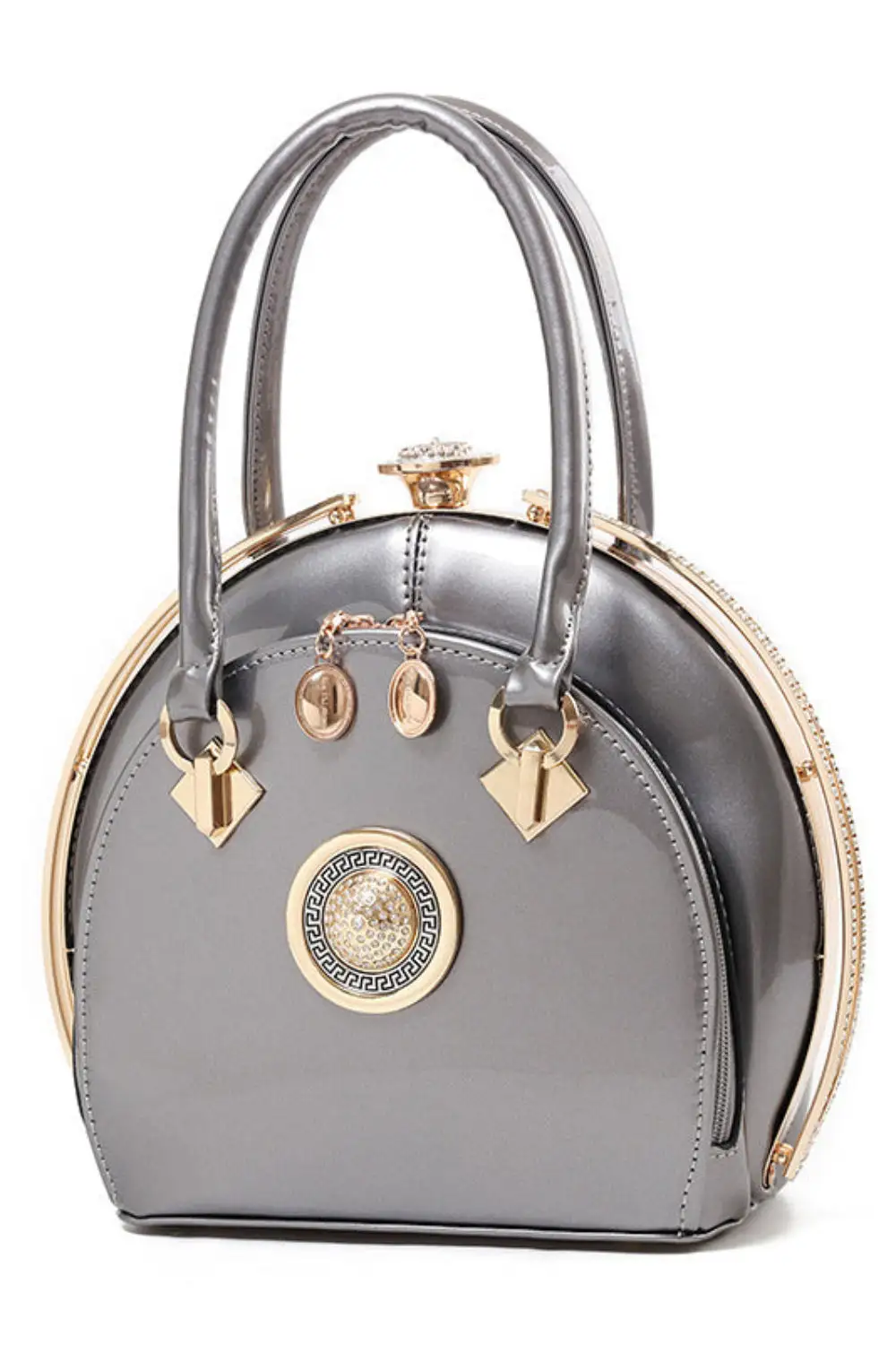 Glossy Black Round Handbag - Vintage Glam Aesthetic