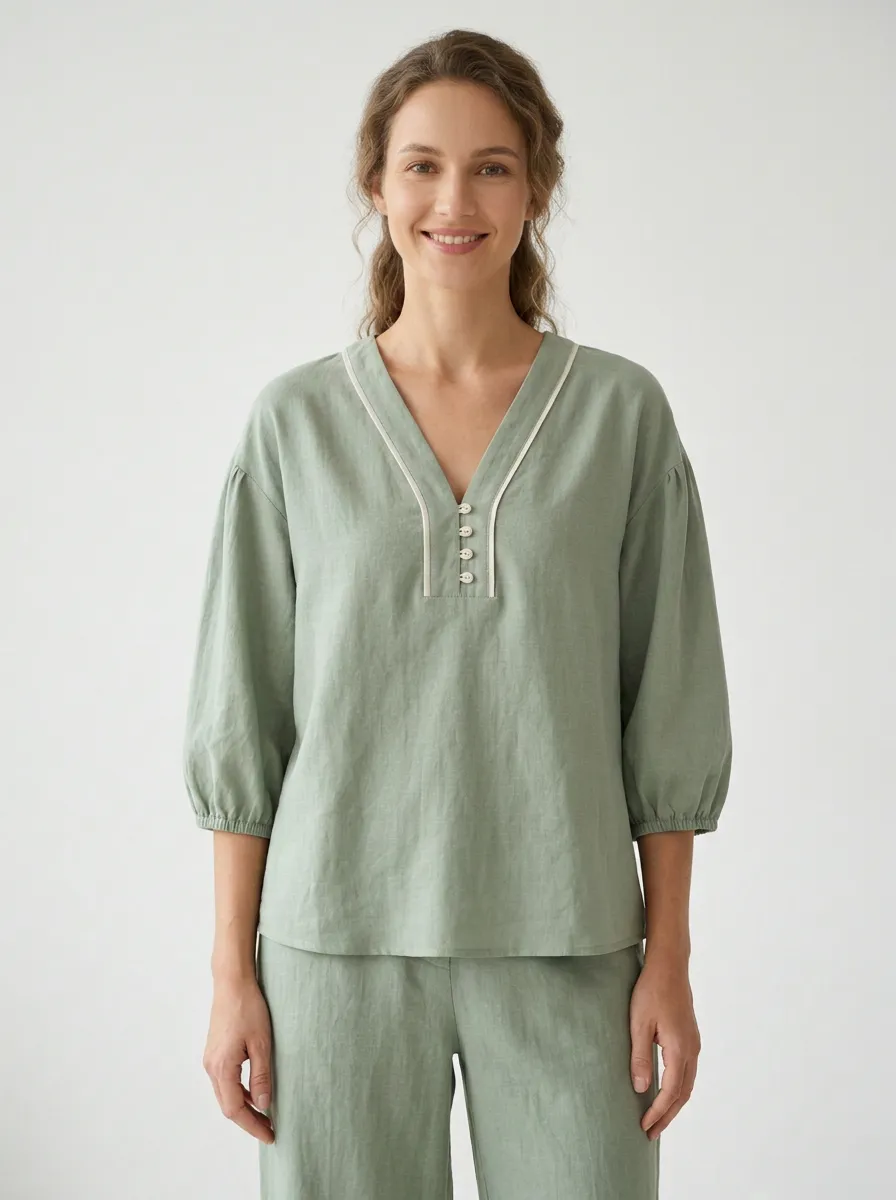 Short-Sleeve Button-Front Puff-Sleeve Women's V-Neck Shirt