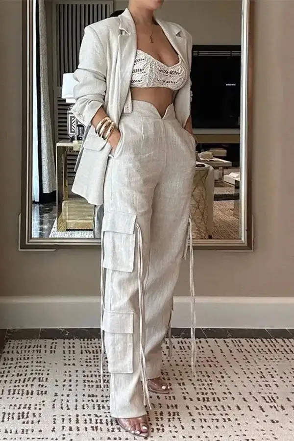 White Multi-Pocket Notched Lapel Pant Set