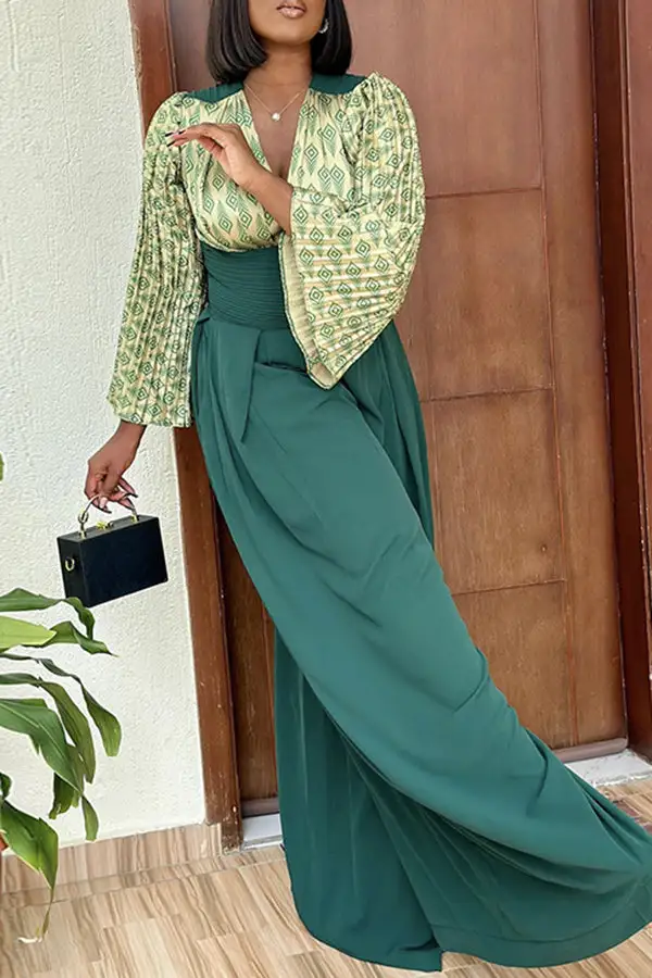 Geometric Print Wide-Leg Bell Sleeve Jumpsuit