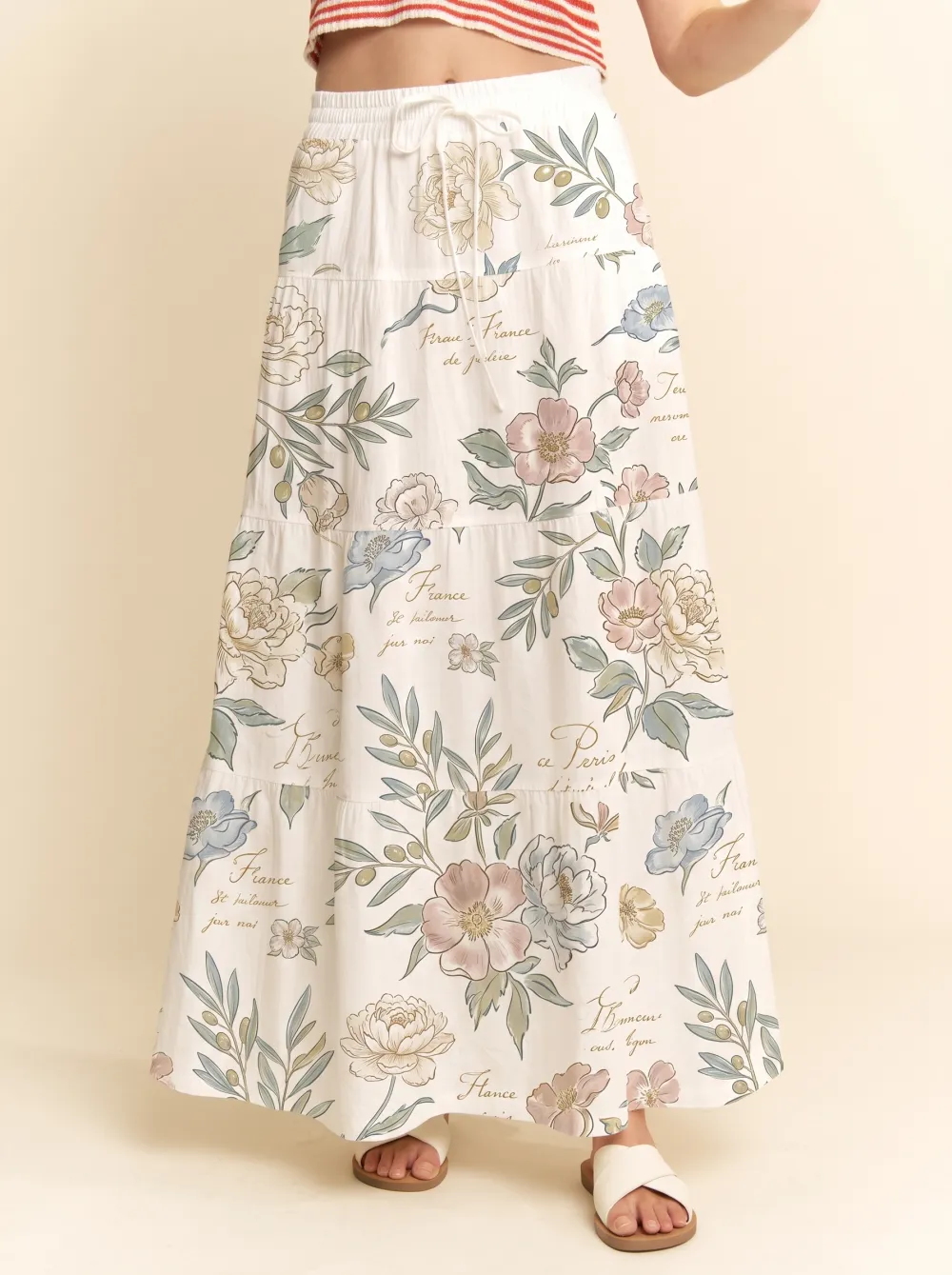 Women's French Floral Botanical Script Printed Maxi Skirt