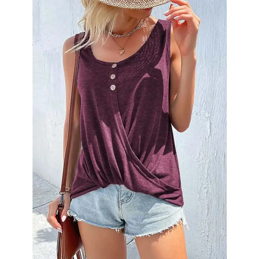 Full Size Decorative Button Round Neck Tank