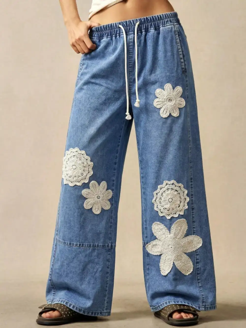 Wide-Leg Drawstring Jeans For Women