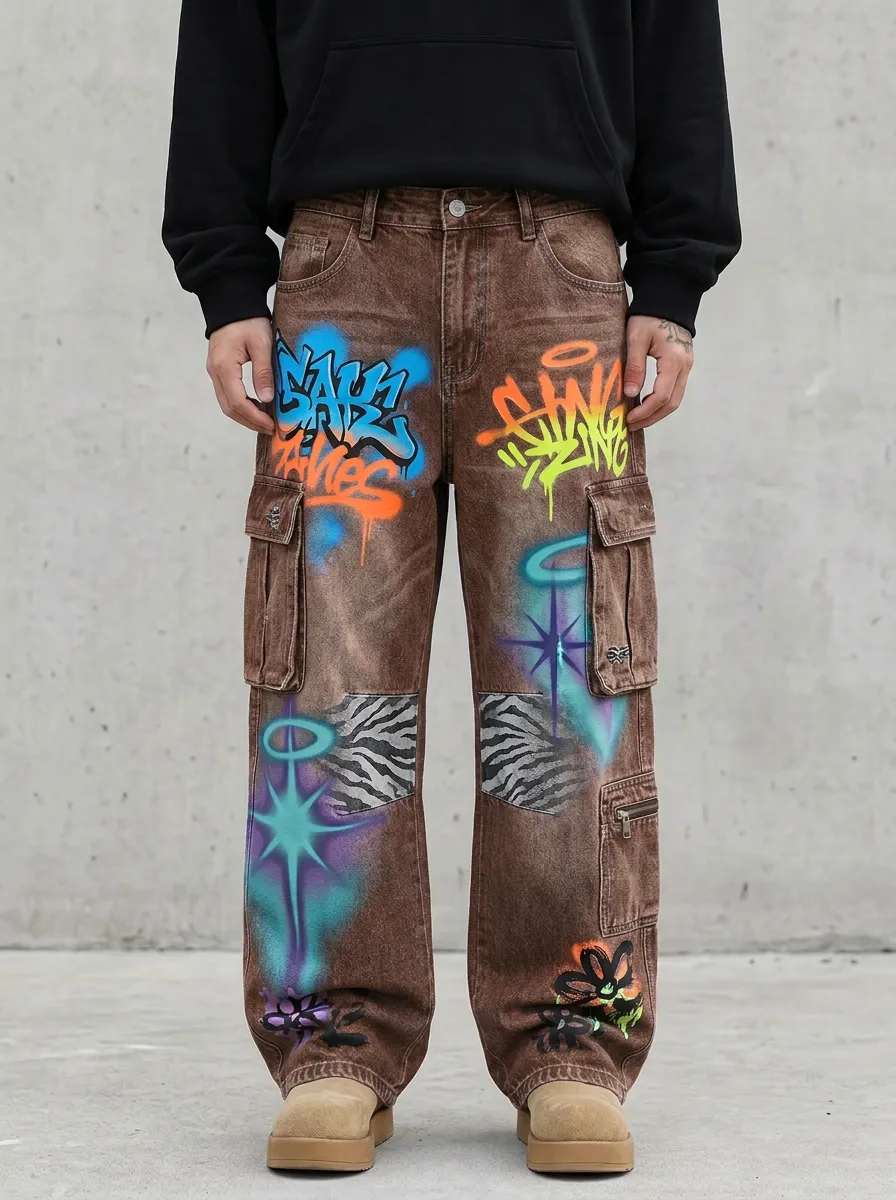 Men's Streetwear Graffiti Zebra Patchwork Graphic Cargo Jeans