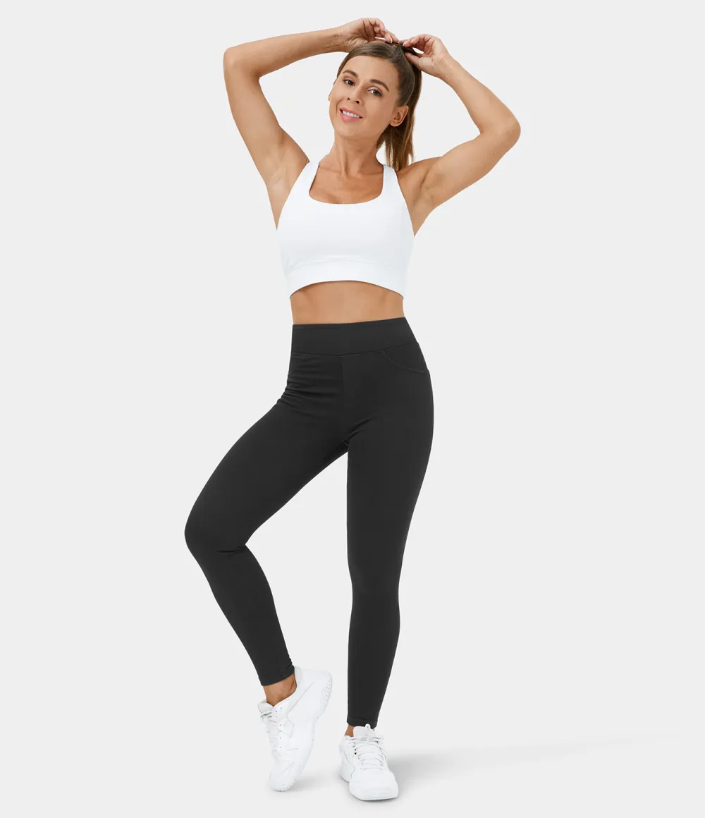 Magic High Waisted Back Side Pocket Stretchy Knit Denim Thermal Casual Leggings