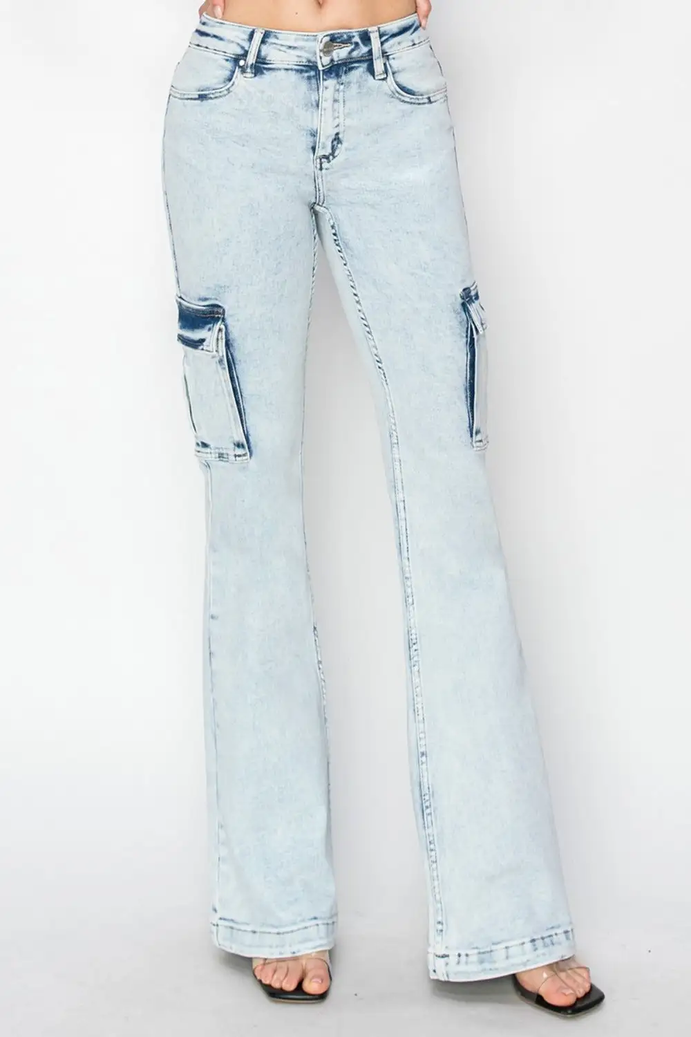 High Rise Cargo Flared Denim Jeans