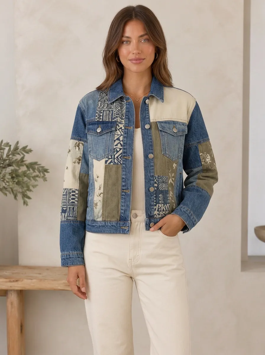 Women's Boho Style Patchwork Pattern Printed Denim Jacket