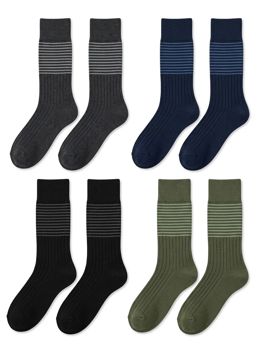 Men's Fine-Ribbed Striped-Cuff Crew Socks Set