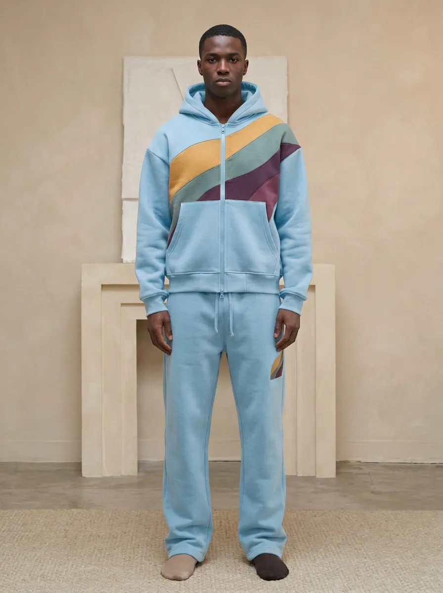 Men's Retro Colorblock Striped Printed Hoodie Tracksuit Set