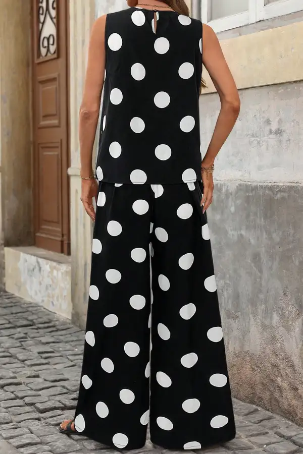 Women's Polka Dot Print Pleated Round Neck Tank Casual Wide Leg Two-piece Outfit