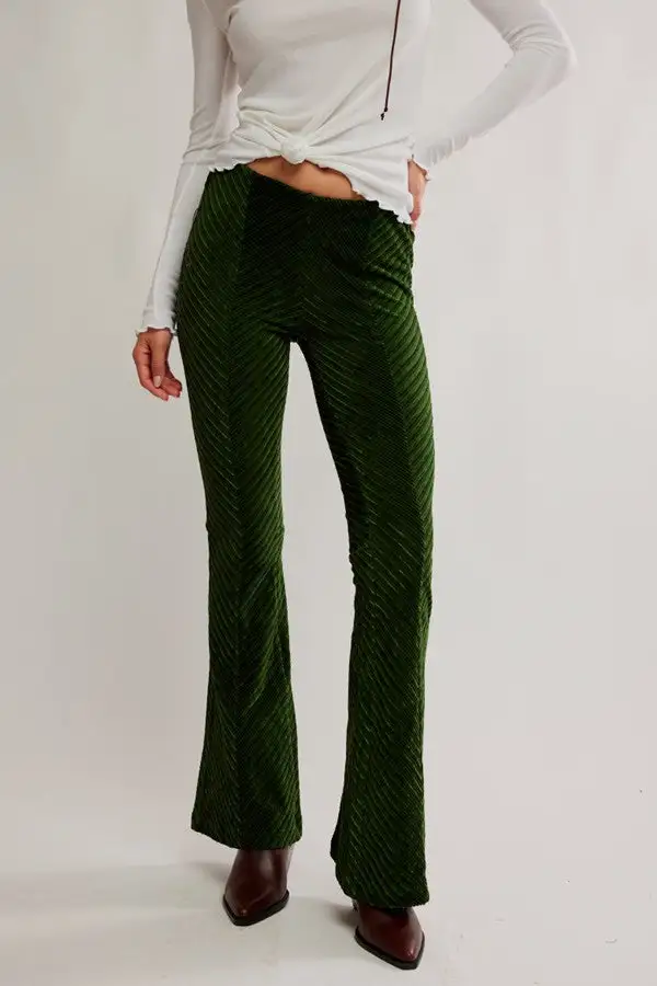Green Corduroy Pull-On Flare Pants