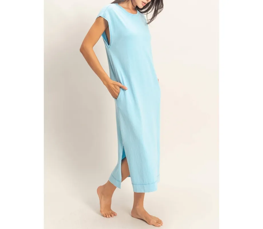 Chocolate Mineral-Wash Cap Sleeve Midi Dress