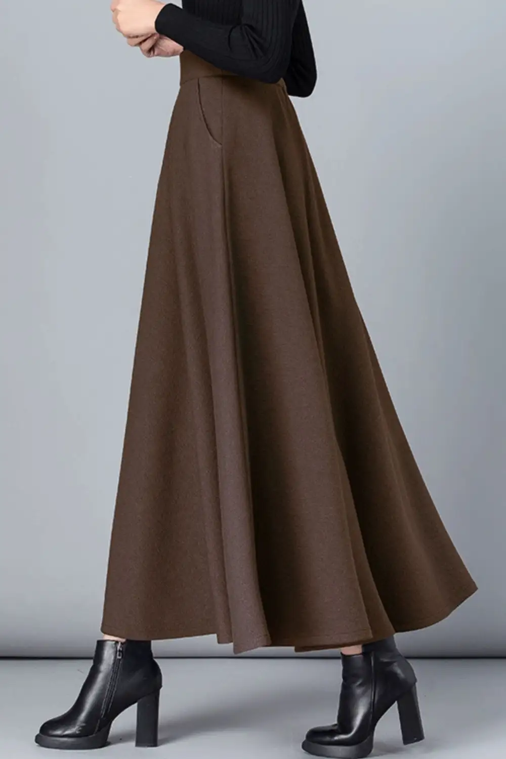 Checkered Wool Blend A Line High Waist Maxi Skirt