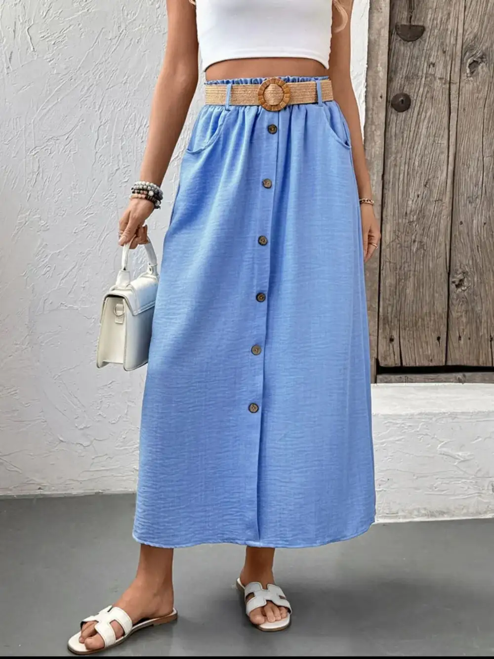 Button Front Pocket Detail Skirt