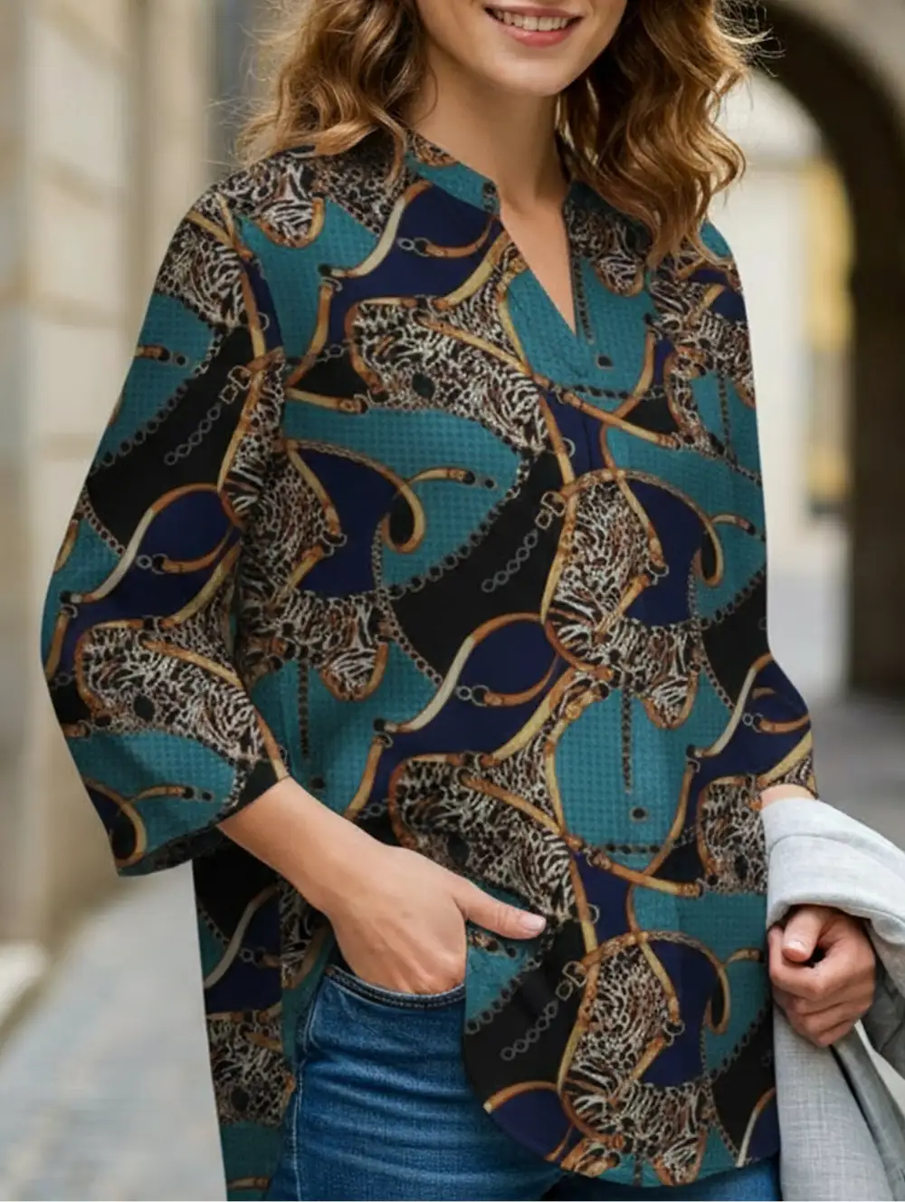 Printed Lapel Long-Sleeved Tunic Top