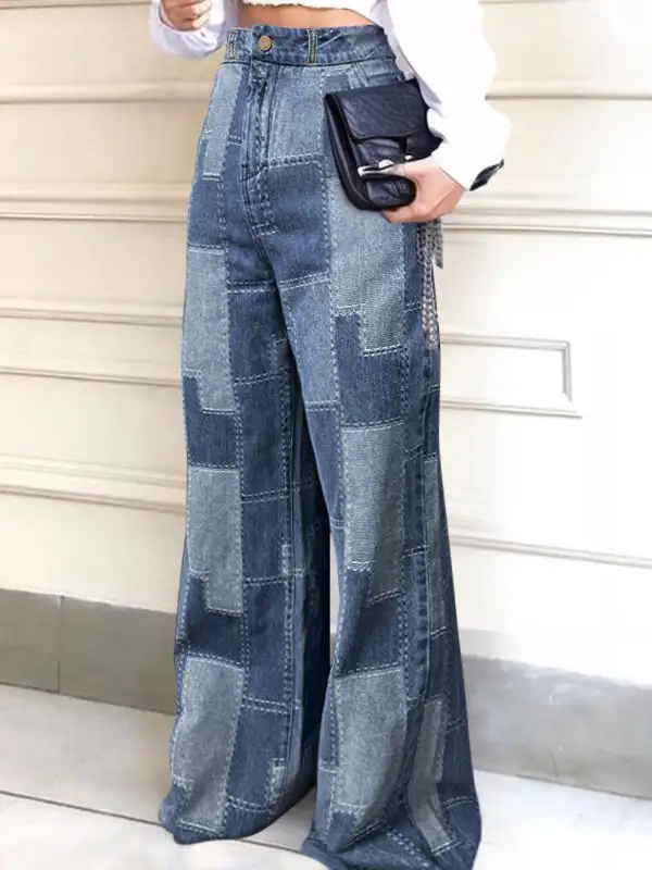 Plaid Relaxed Fit Wide Leg Seamed Button Detail Pocket Jeans