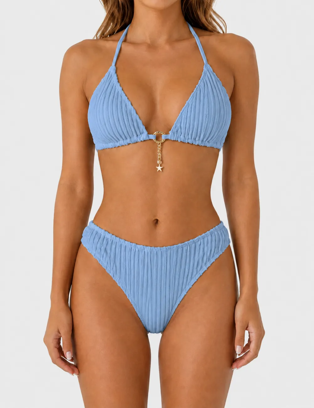 Vertical Texture Halter Neck Triangle Bikini Set