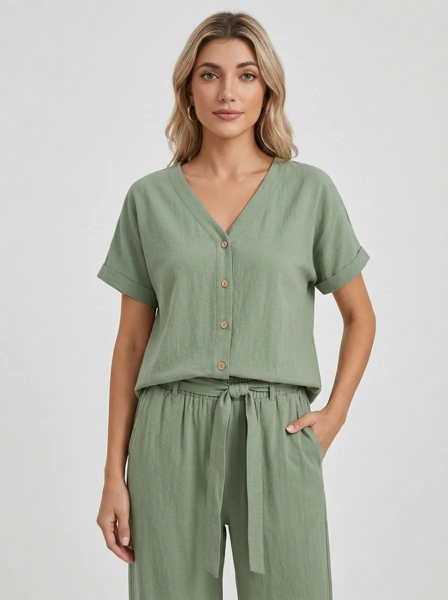 Refined Short-Sleeve Minimalist Women's V-Neck Casual Lounge Set