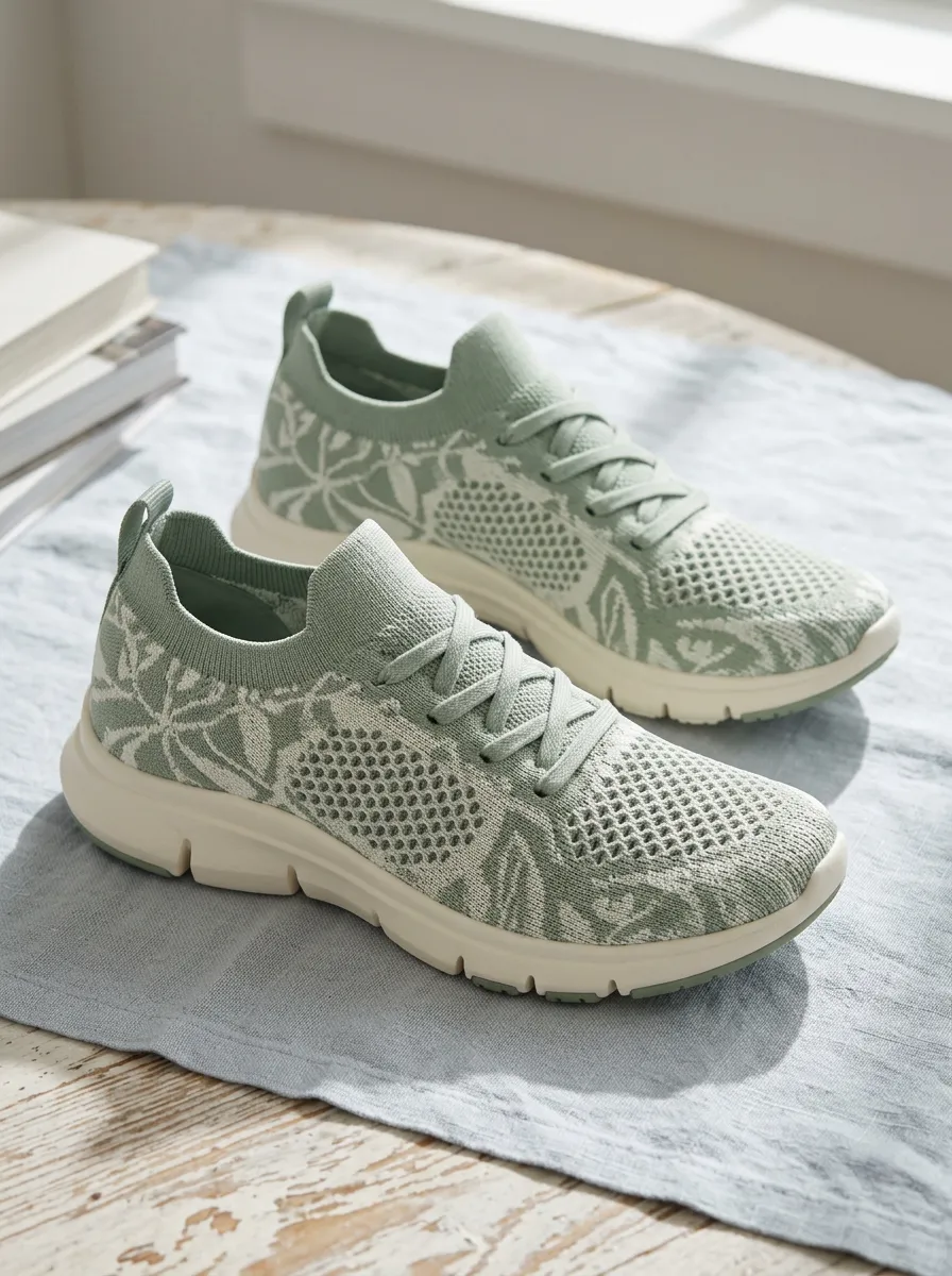 Women's Botanical Floral Sage Green Knitted Printed Sneakers
