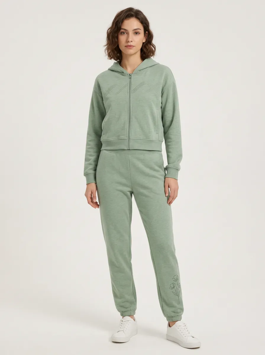 Women's Sage Green Floral Line Art Embroidered Zip-Up Hoodie Jacket & Jogger Set