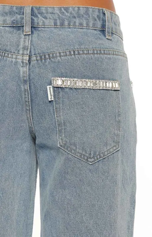 Light Wash Diamante-Trim Low-Rise Jeans