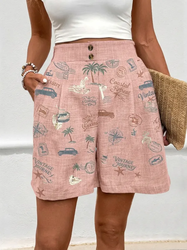 Women's Travel Lover Vintage Journey Palm Tree Printed Shorts