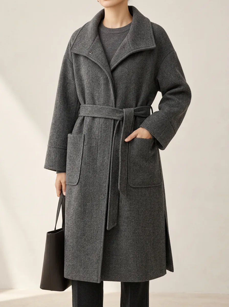 Softly Structured Grey Herringbone Belted Wool Look Women's Coat