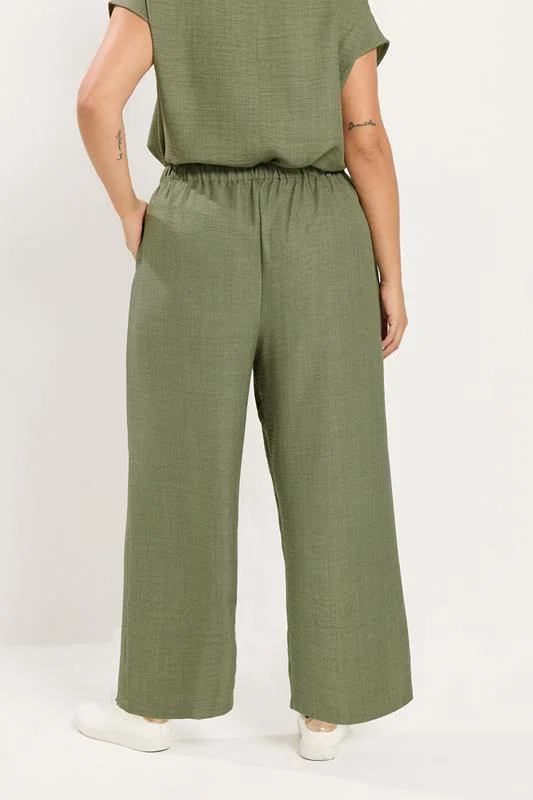 Khaki Green Textured Wide Leg Trousers detail 2