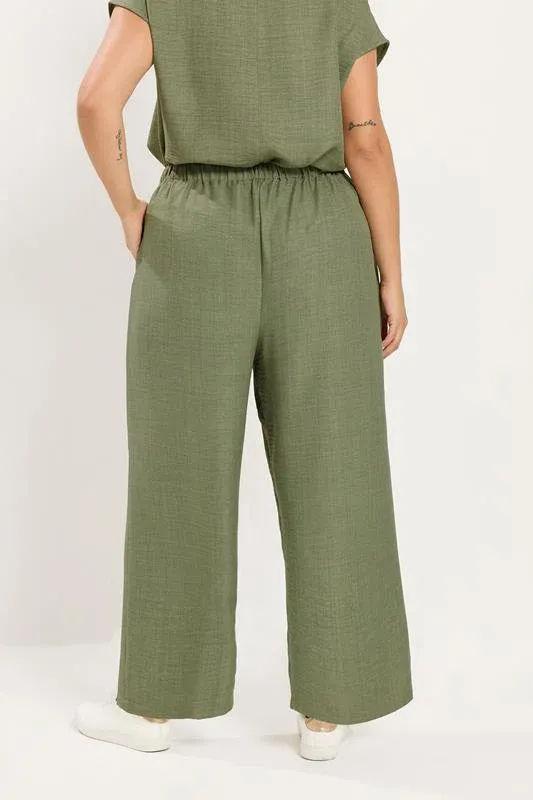 Khaki Green Textured Wide Leg Trousers