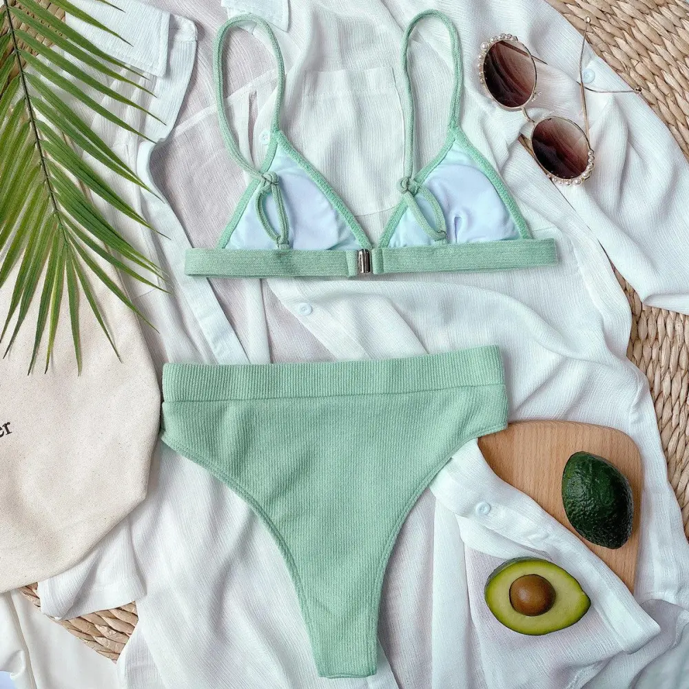 Spaghetti Strap Ribbed Bikini Set Accessory
