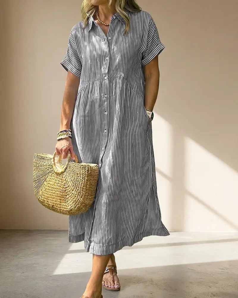 Casual Striped Short Sleeve Cotton Linen Shirt Midi Dress