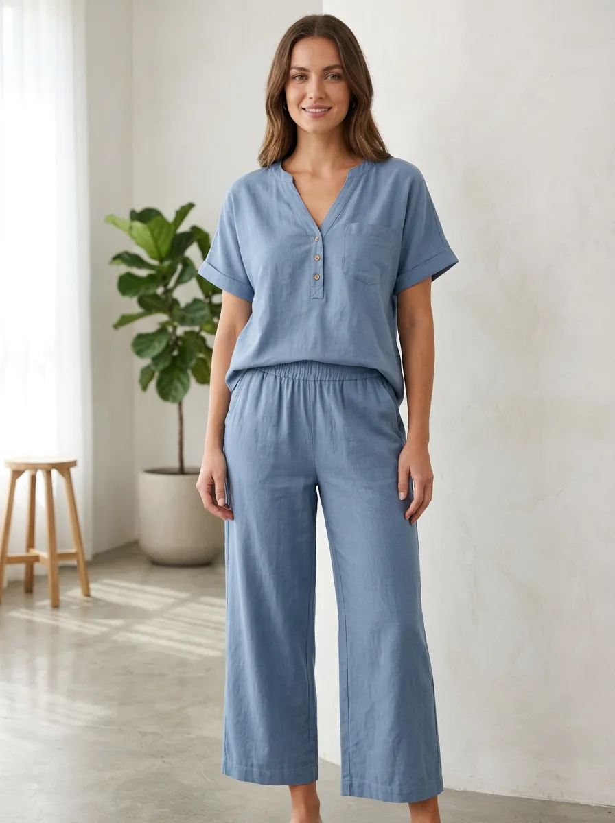 Short-Sleeve Cuffed-Sleeve Button-Front Women's V-Neck Shirt