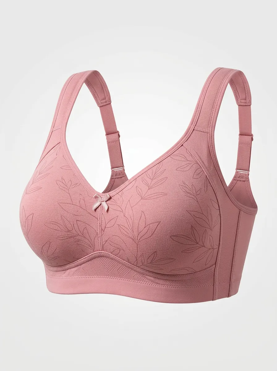 Women's Plus Size Dusty Rose Leaf Full-Coverage Wide-Strap Wireless Bra