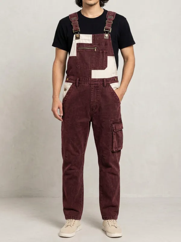 Men's Vintage Colorblock Washed Denim Cargo Overalls