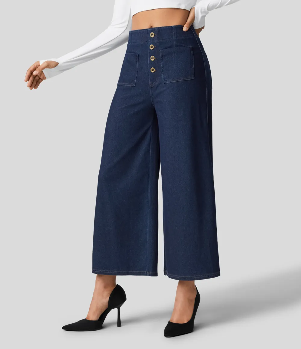 Magic High Waisted Button Pockets Washed Stretchy Knit Casual Wide Leg Jeans