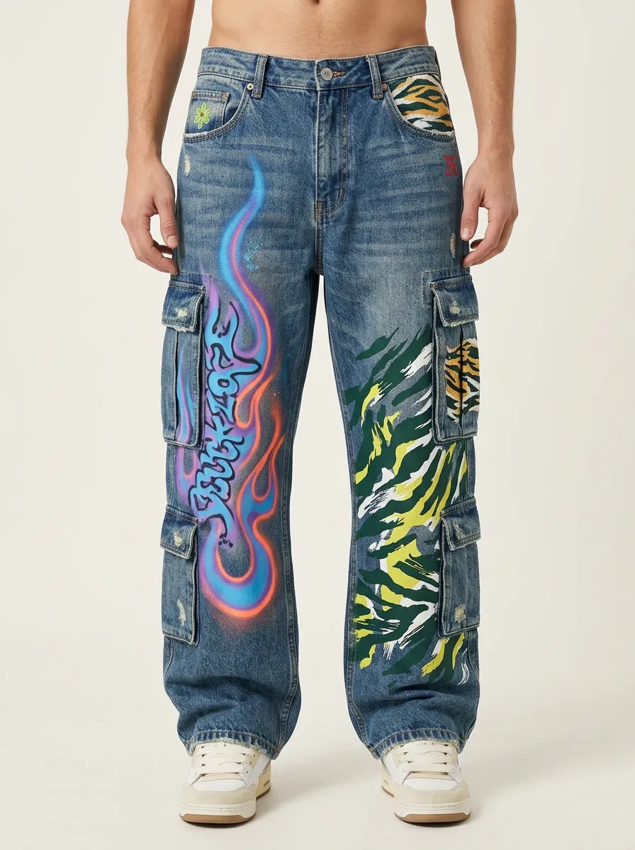 Men's Graffiti Flame Tiger Stripe Graphic Cargo Jeans