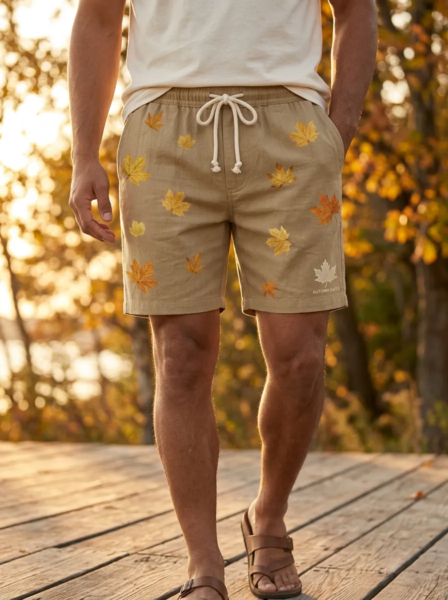 Maple Leaf Print Drawstring Nature Shorts