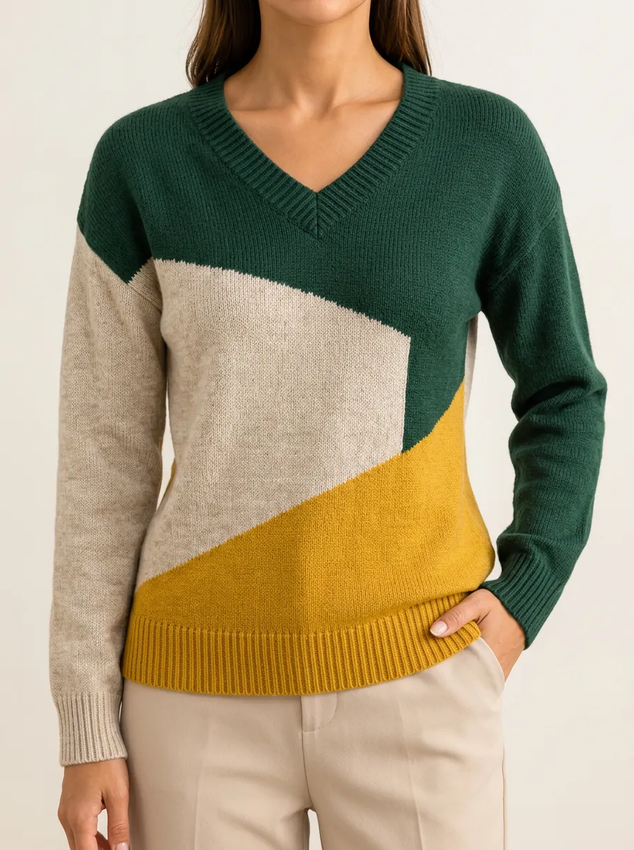 Geometric Pattern Meets Soft Knit in a V Neck Sweater Top