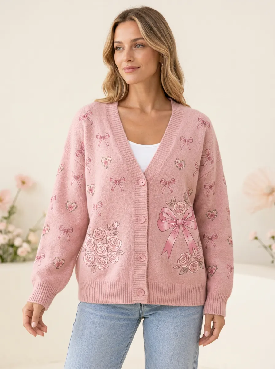 Women's Delicate Floral Heart Ribbon Bow Printed Cardigan
