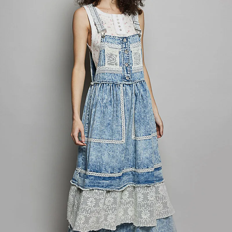Lace Detail Denim Ruffle Detail Overall Dress