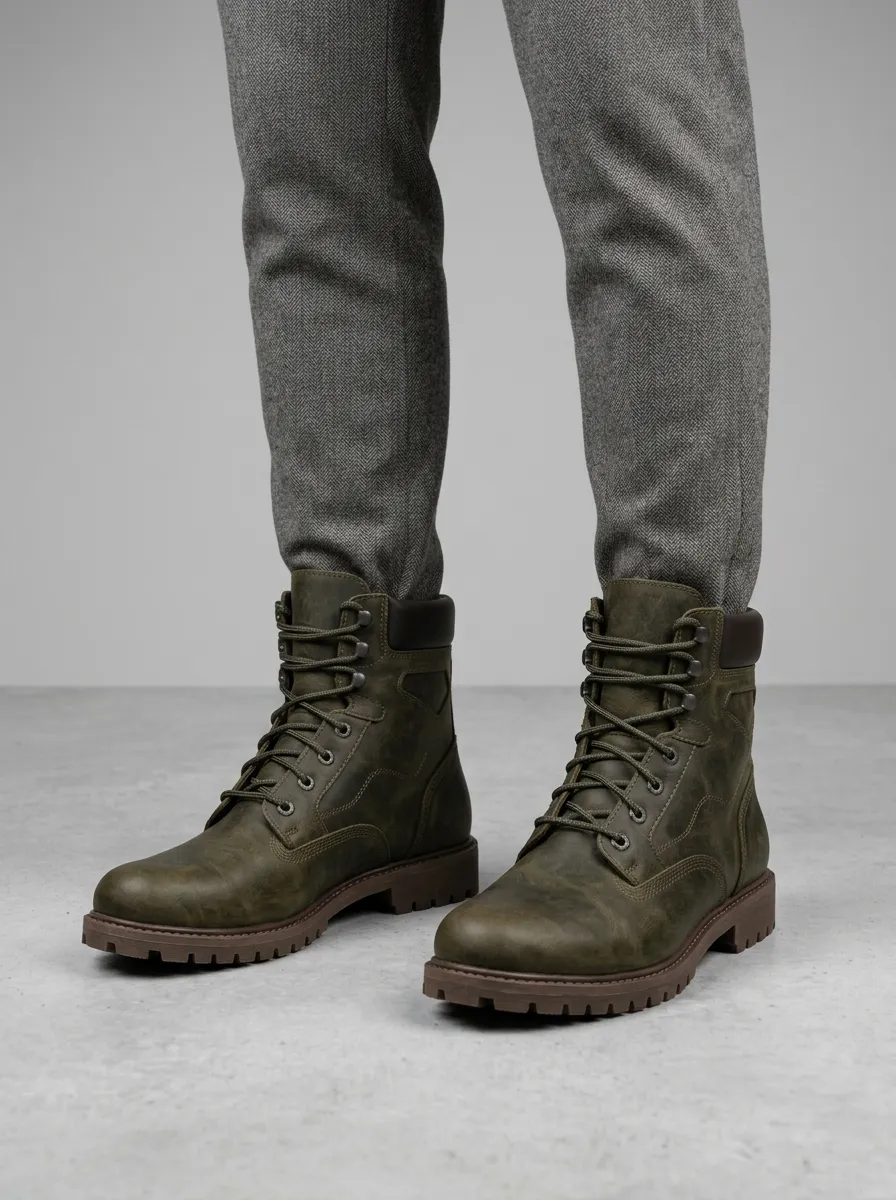 Unisex Distressed Leather Print Work Boots