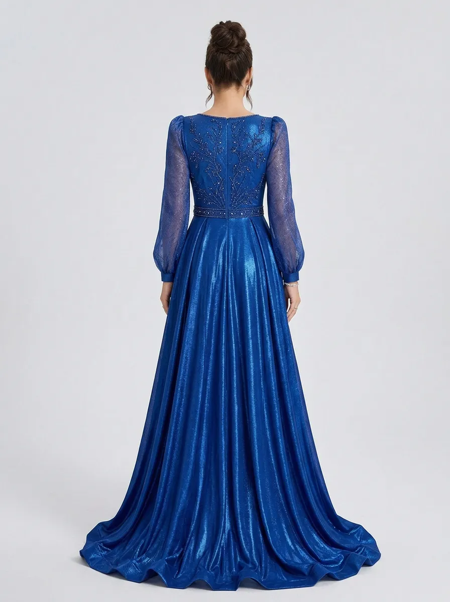 Women's Beaded V-Neck Long-Sleeve Slit Evening Gown