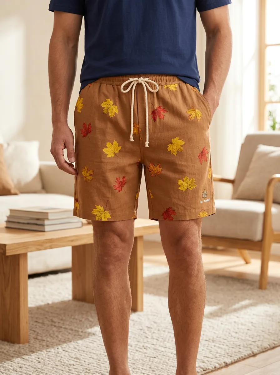 Tan Maple Leaf Print Drawstring Seasonal Shorts