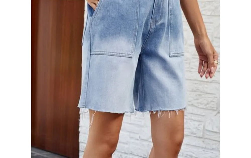 Buttoned Raw-Hem Denim Shorts with Pockets