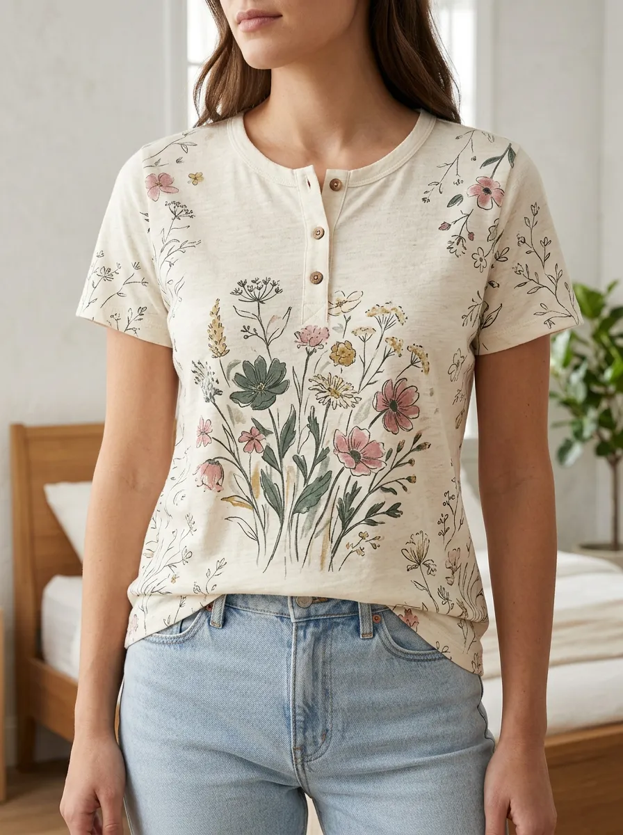 Women's Relaxed Botanical Wildflower Henley T-Shirt