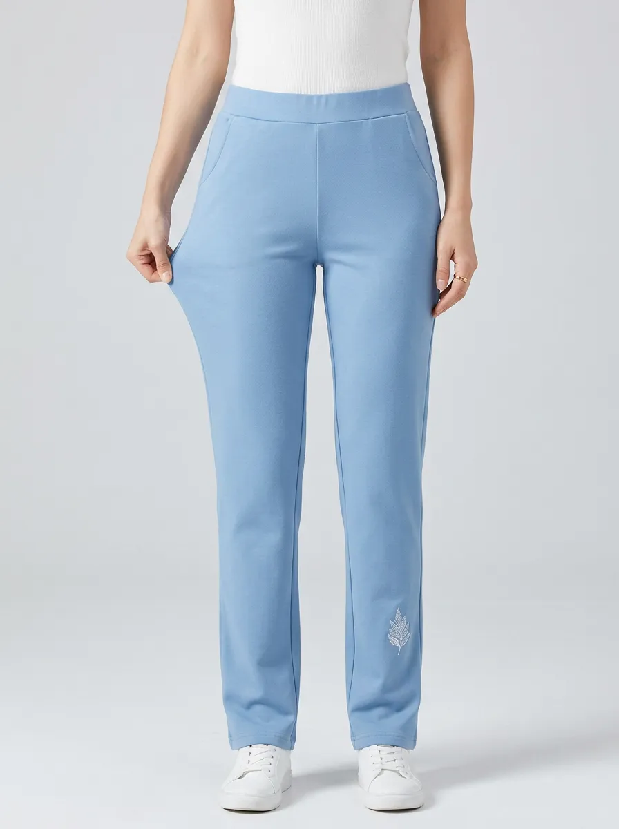 Women's Classic Everyday Leaf Pattern Embroidered Mid Rise Straight Leg Pants