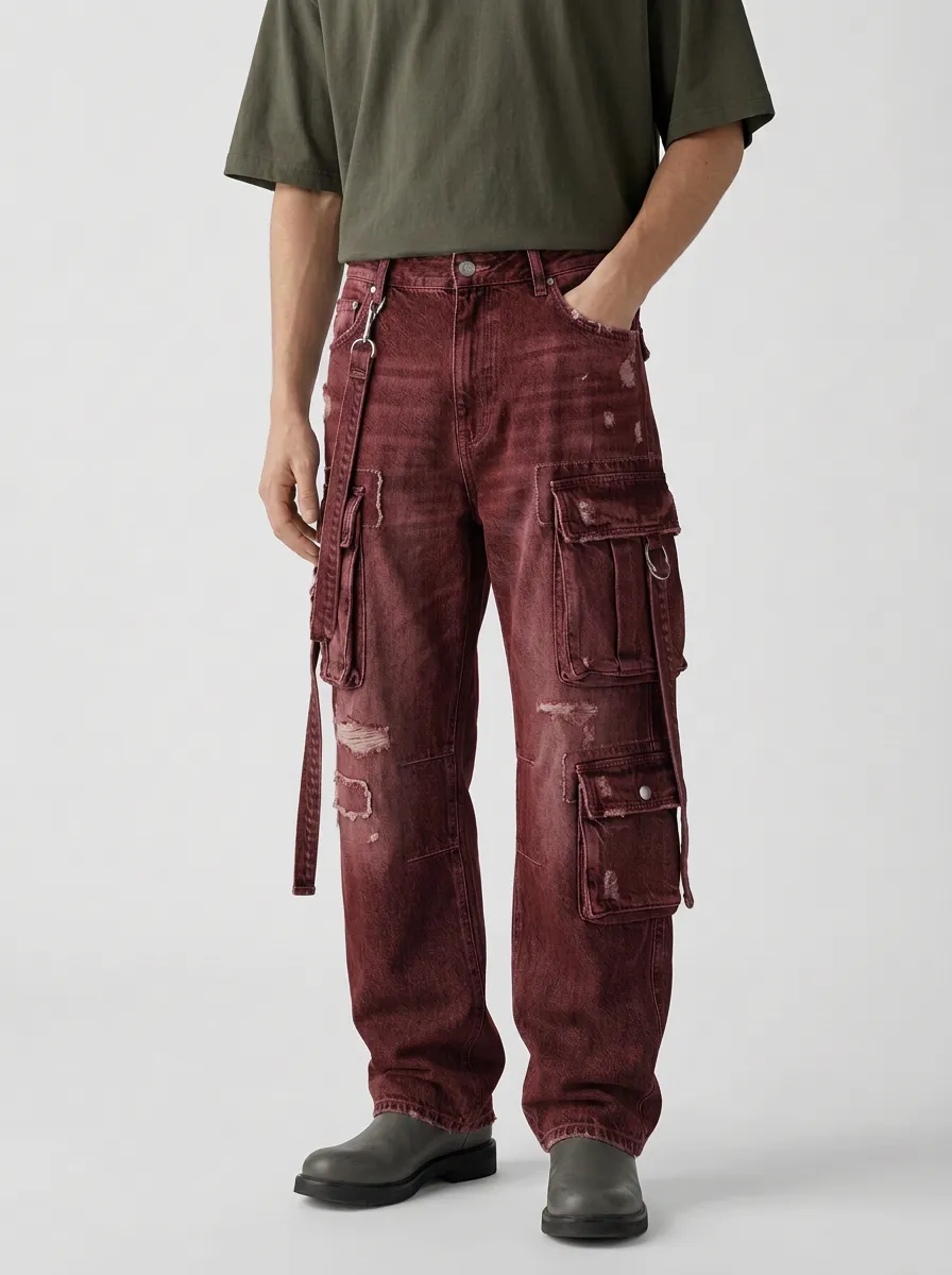 Men's Distressed Blue Cargo Pants