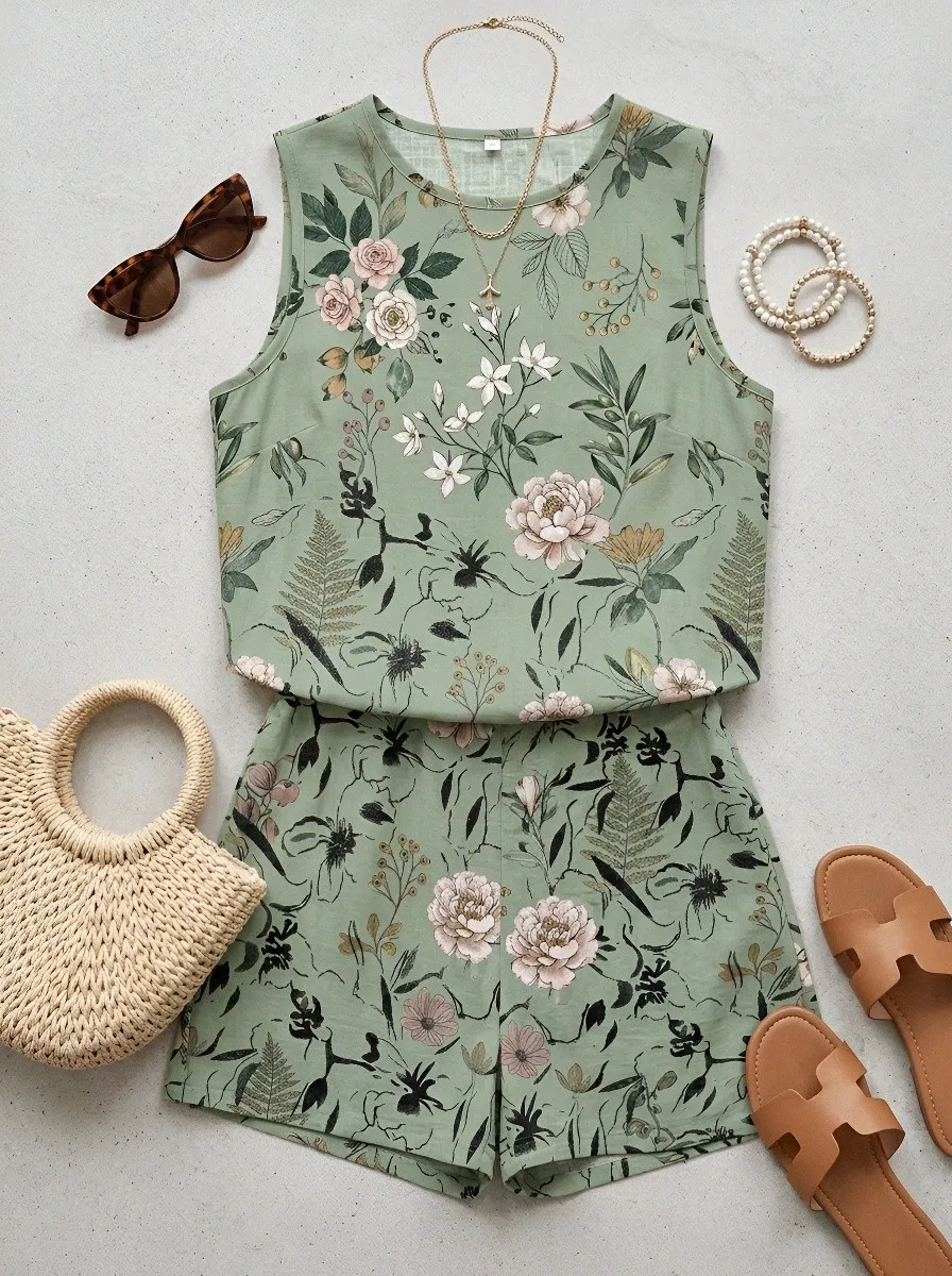 Women's Botanical Floral Sage Green Printed Sleeveless Shorts Set