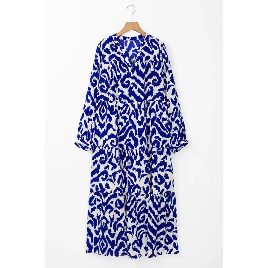 Tiered Printed Notched Long Sleeve Midi Dress