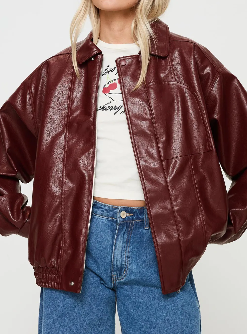 Burgundy Oversized Faux Leather Jacket